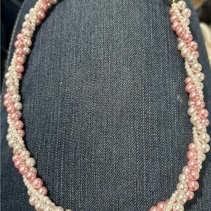 Vintage Faux Pearl Necklace, Pink and White, Twisted Three -Strand.